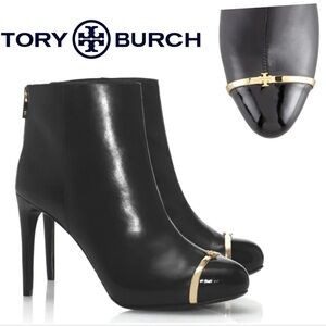 Tory Burch Elegant Black Leather Ankle Boots with Gold Accent